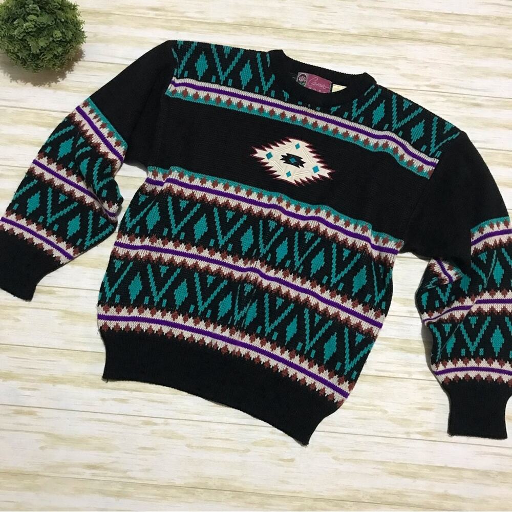 Vintage‎ Cameo Rose Southwestern Western Turquoise Cowboy Cowgirl Sweater Large